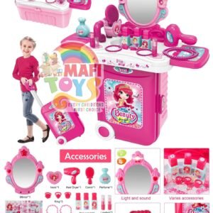 Vanity Dressing Play Set 3 in 1 Girls Makeup Toy Hair Dryer Jewellry Accessories Mirror with Light in Portable Suitcase Gift for Girls Kids