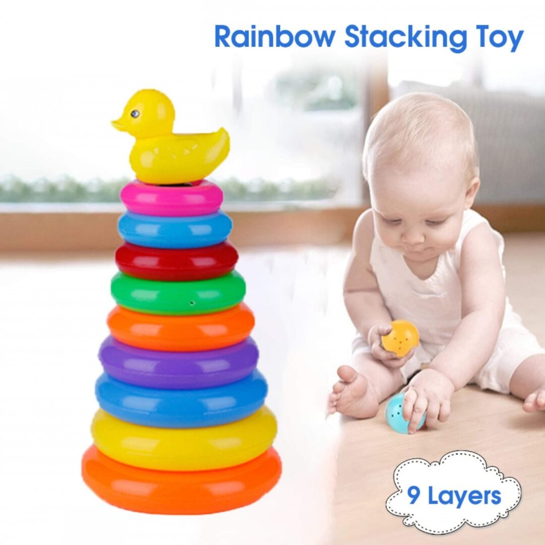 Food Grade Plastic Rainbow Colour Pyramid Rings Puzzle Toy For Early Learning Baby 9 Pieces Ring & 1 Piece Duck