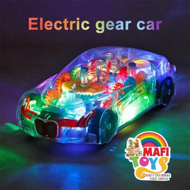 Gear Display Transparent Car Toy for Kids - 360 Degree Rotating Concept Racing Vehicle with 3D Flashing LED Lights and Music