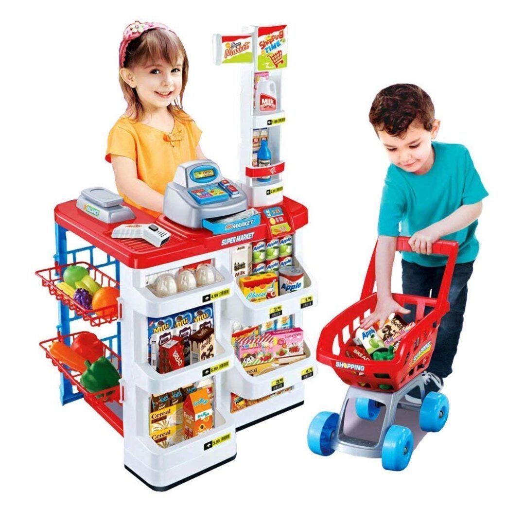 Kid's ABS Plastic Role Play Home Supermarket Grocery Stall Toy Set with Scanner and Shopping Trolley of Vegetables, Fruits, Food, Cart Accessories - Multicolour
