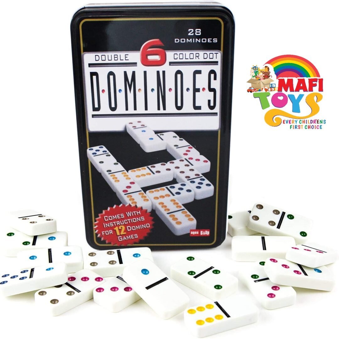 Double 6 White Domino Colorful Dots With Tin Case 28 Pieces - Multicolor
