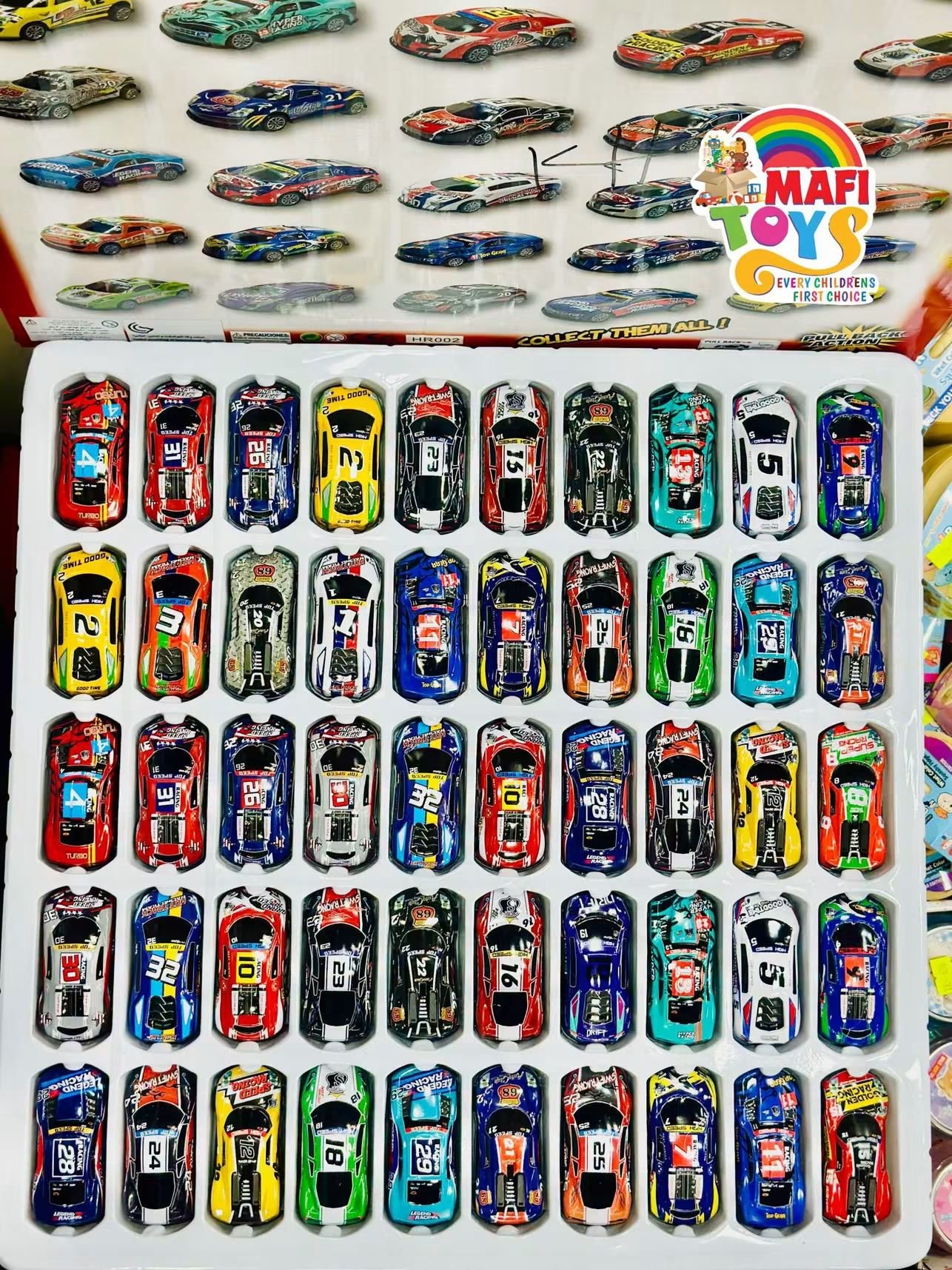 50-piece 1:64 scale diecast metal racing car set, featuring assorted colorful miniature sports cars in a gift box display - Image 2