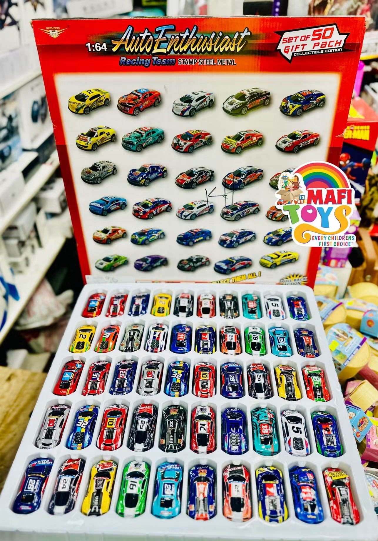 50-piece 1:64 scale diecast metal racing car set, featuring assorted colorful miniature sports cars in a gift box display - Image 3