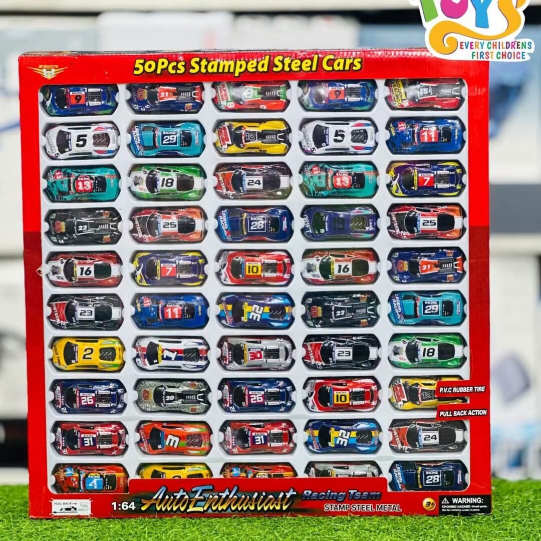 50-piece 1:64 scale diecast metal racing car set, featuring assorted colorful miniature sports cars in a gift box display