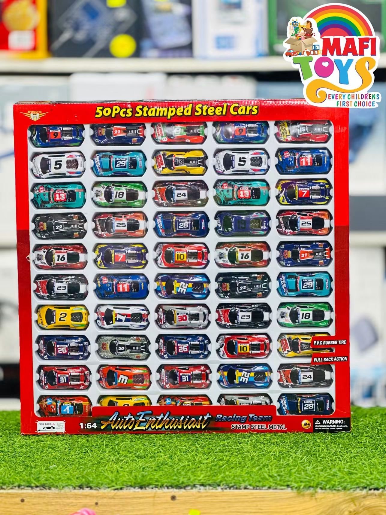50-piece 1:64 scale diecast metal racing car set, featuring assorted colorful miniature sports cars in a gift box display