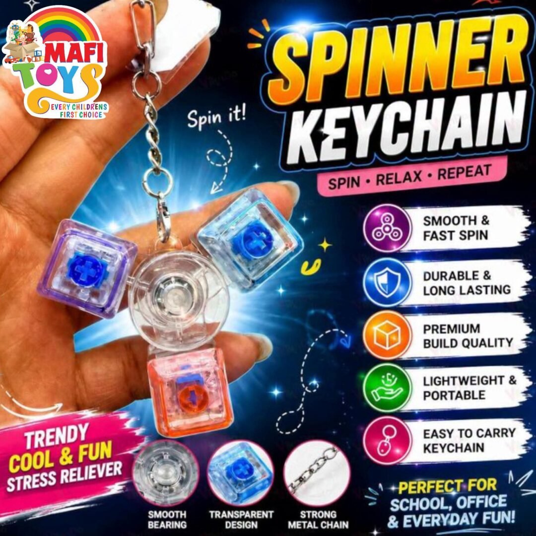 2 in 1 Fidget Spinner LED Light Up Mechanical Keyboard Keychain - 3-Key Multi-Color Mechanical Switch Clicker with Center Bearing Spinner and Metal Keychain Hook - Portable Stress Relief Toy for Kids Teens Adults